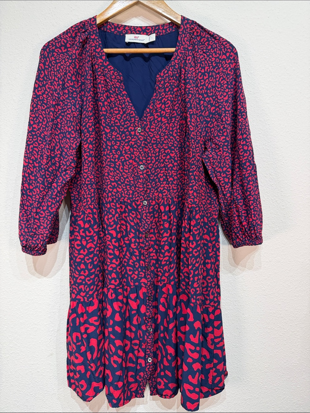Vineyard Vines Tiered Leopard Print Dress Navy Red Size Large 3/4 Sleeves - Picture 2 of 9